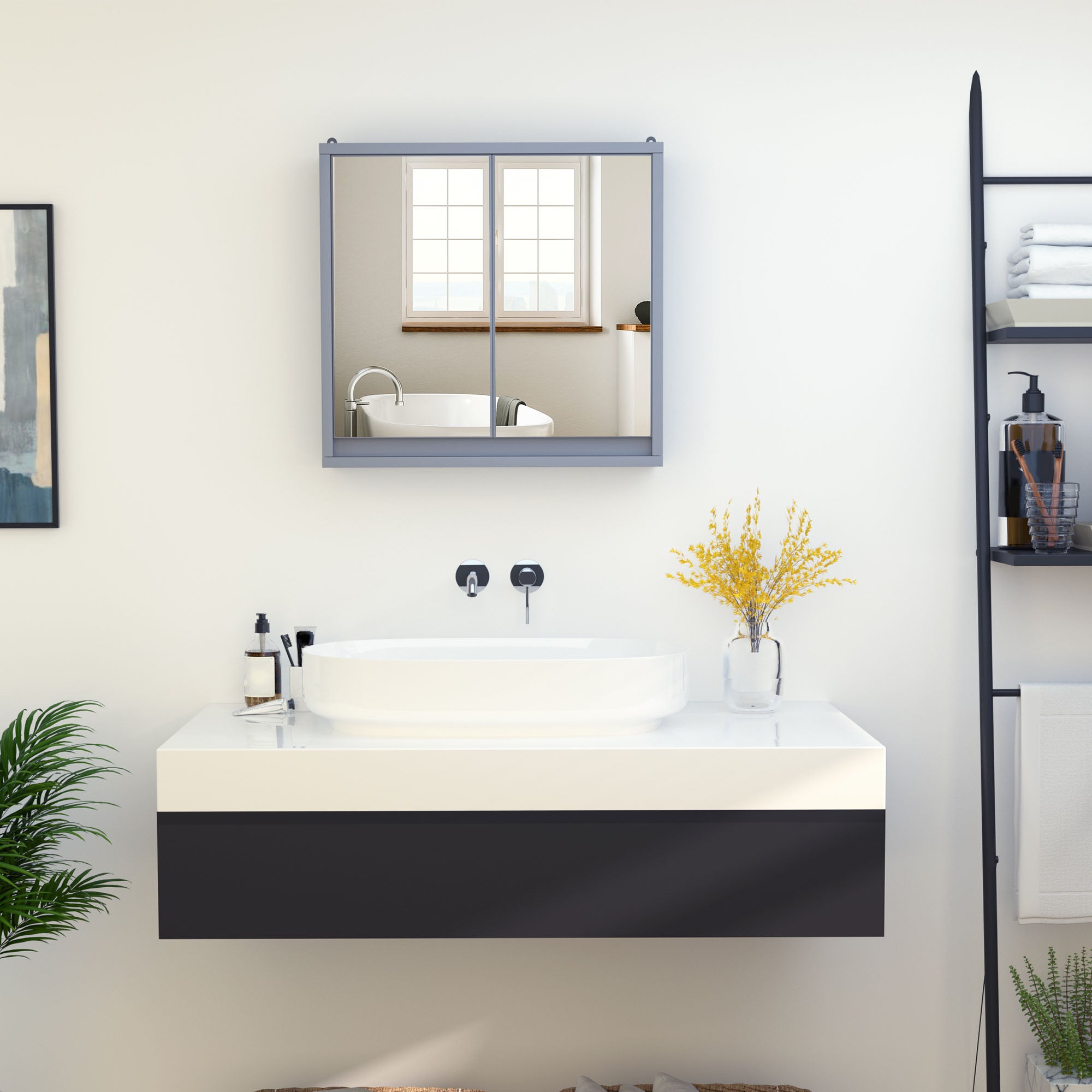 HOMCOM Wall Mounted Mirror Cabinet with Storage Shelf Bathroom Cupboard Double Door Grey 