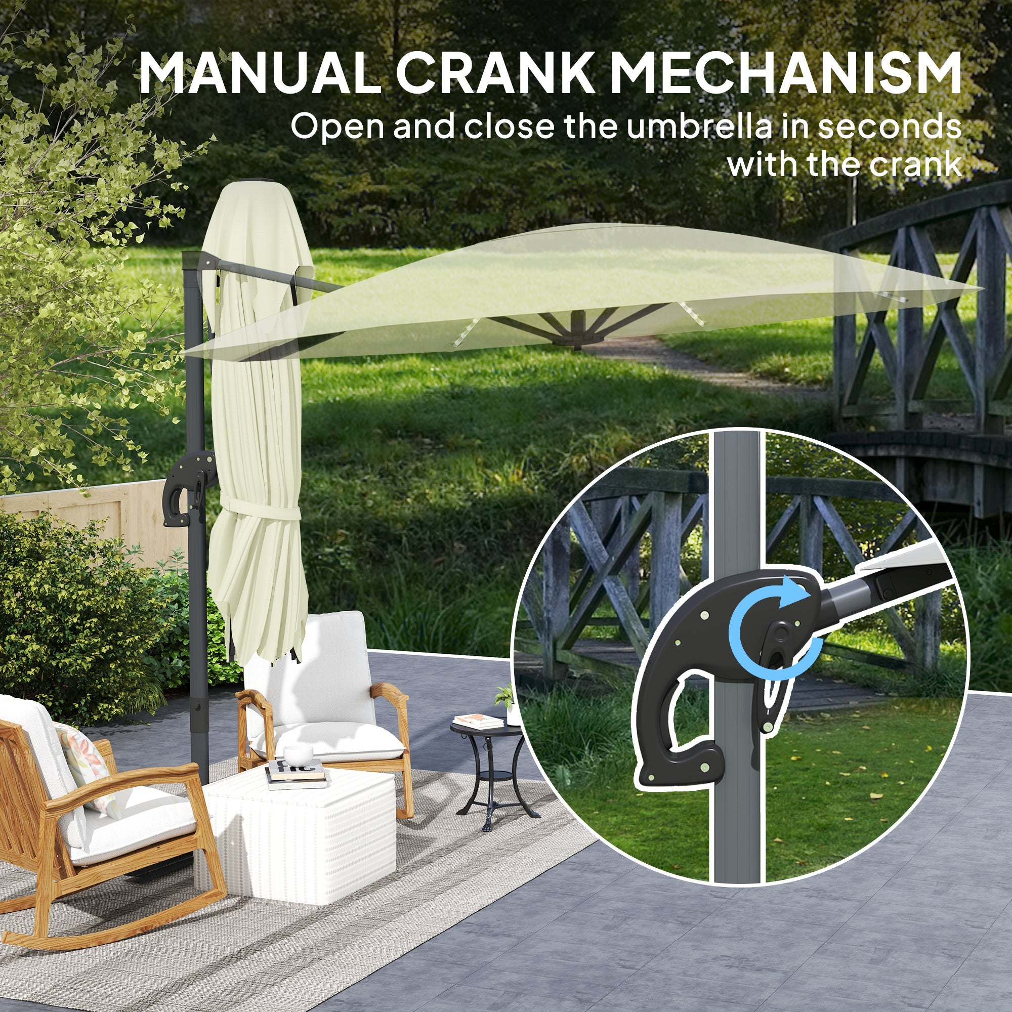 Outsunny 3(m) Cantilever Garden Parasol with Solar Powered Lights, Crank Handle & Cross Base, UPF 50+, 360° Rotation, Cream 