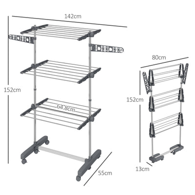 HOMCOM Three-Shelf Collapsing Clothes Horse, With Side Arms and Wheels - Grey 