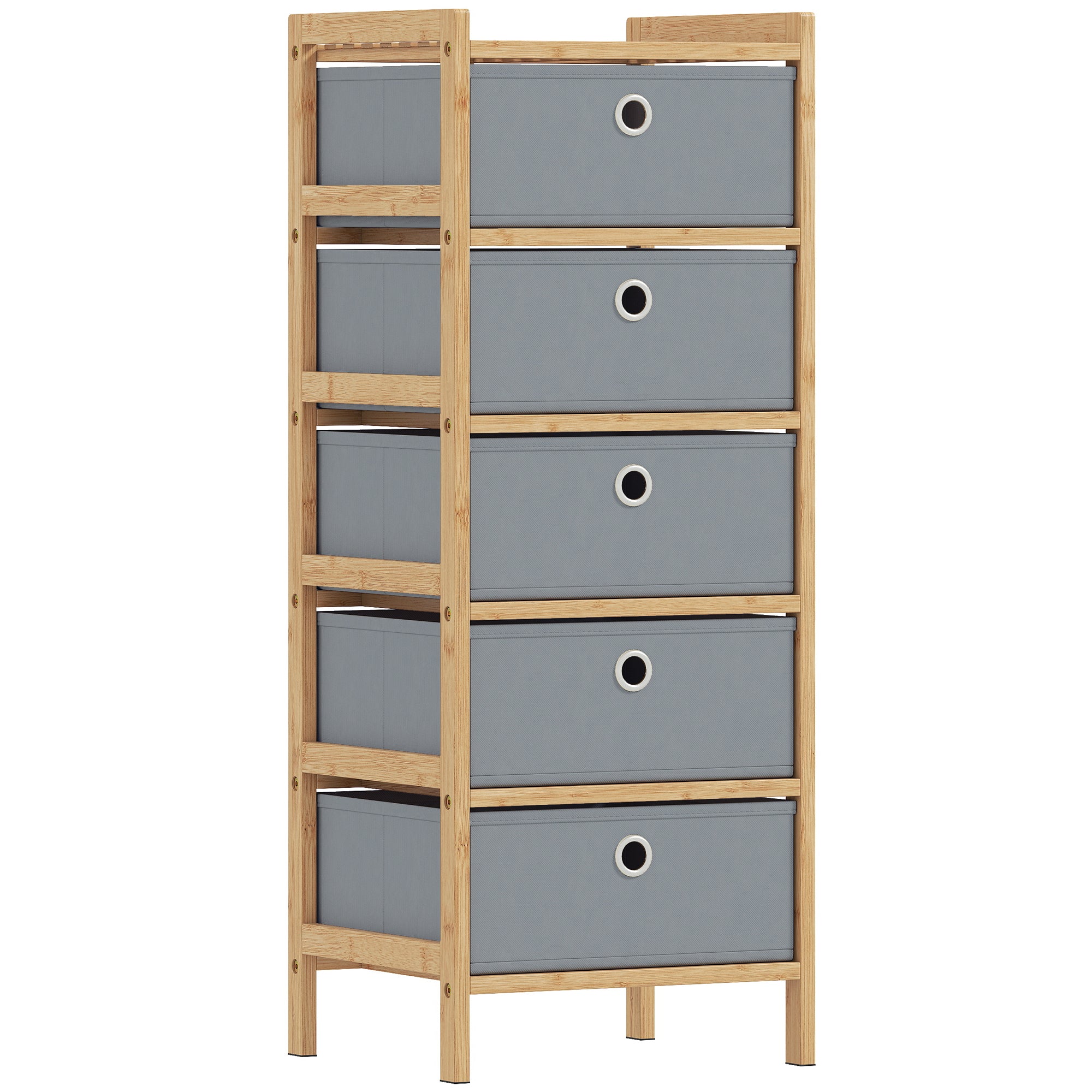 HOMCOM Chest of Drawers, 5 Fabric Drawers Narrow Dresser with Bamboo Frame, Light Grey 
