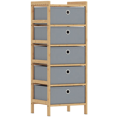 HOMCOM Chest of Drawers, 5 Fabric Drawers Narrow Dresser with Bamboo Frame, Light Grey 
