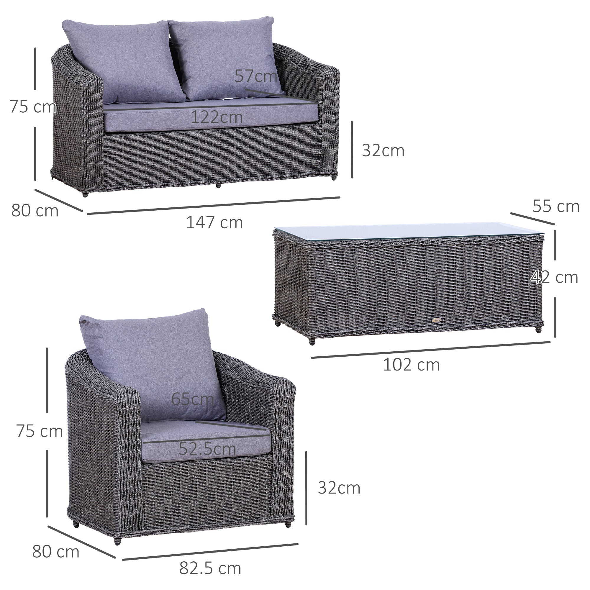 Outsunny Deluxe Round PE Rattan Garden Furniture Set, Fully-assembly Outdoor Sofa Set with Armchair, Loveseat, Glass Top Coffee Table, Aluminium Frame, Cushion, Grey 
