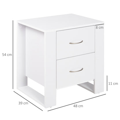 HOMCOM Bedside Table with 2 Drawers, Nightstand with Handles and Elevated Base, Side Table for Bedroom, Living Room, Set of 2, White 