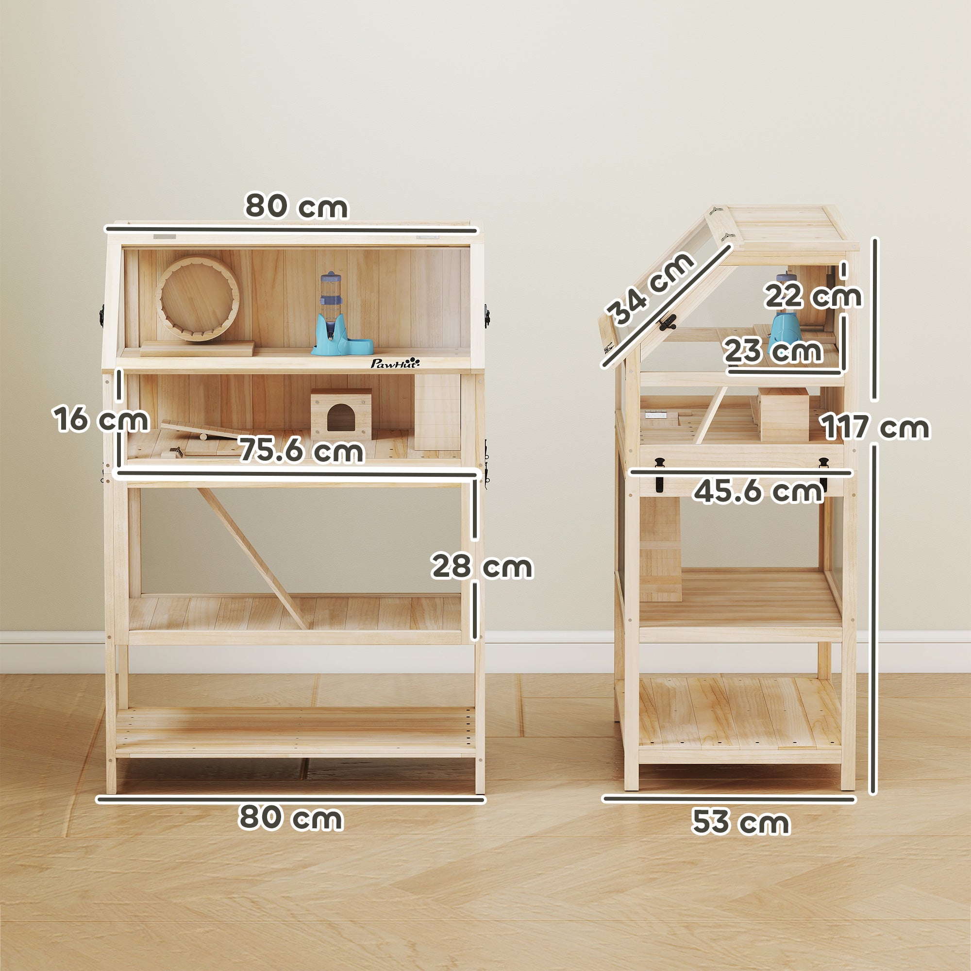 PawHut Wooden Hamster Cage with Detachable Lower Floor, Storage Shelf, Hut, Seesaw, Exercise Wheel, Ramps for Hamster 