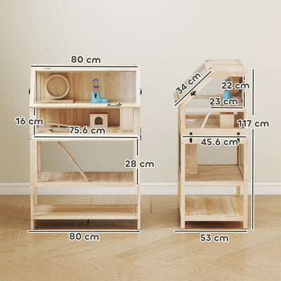 PawHut Wooden Hamster Cage with Detachable Lower Floor, Storage Shelf, Hut, Seesaw, Exercise Wheel, Ramps for Hamster 