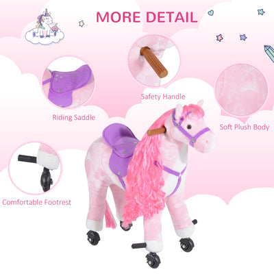 HOMCOM Plush Walking Horse Ride On Toy with Wheels and Realistic Sounds Rocking Horse for Girls Boys 3+ Years Old, 50cm Tall, Pink 
