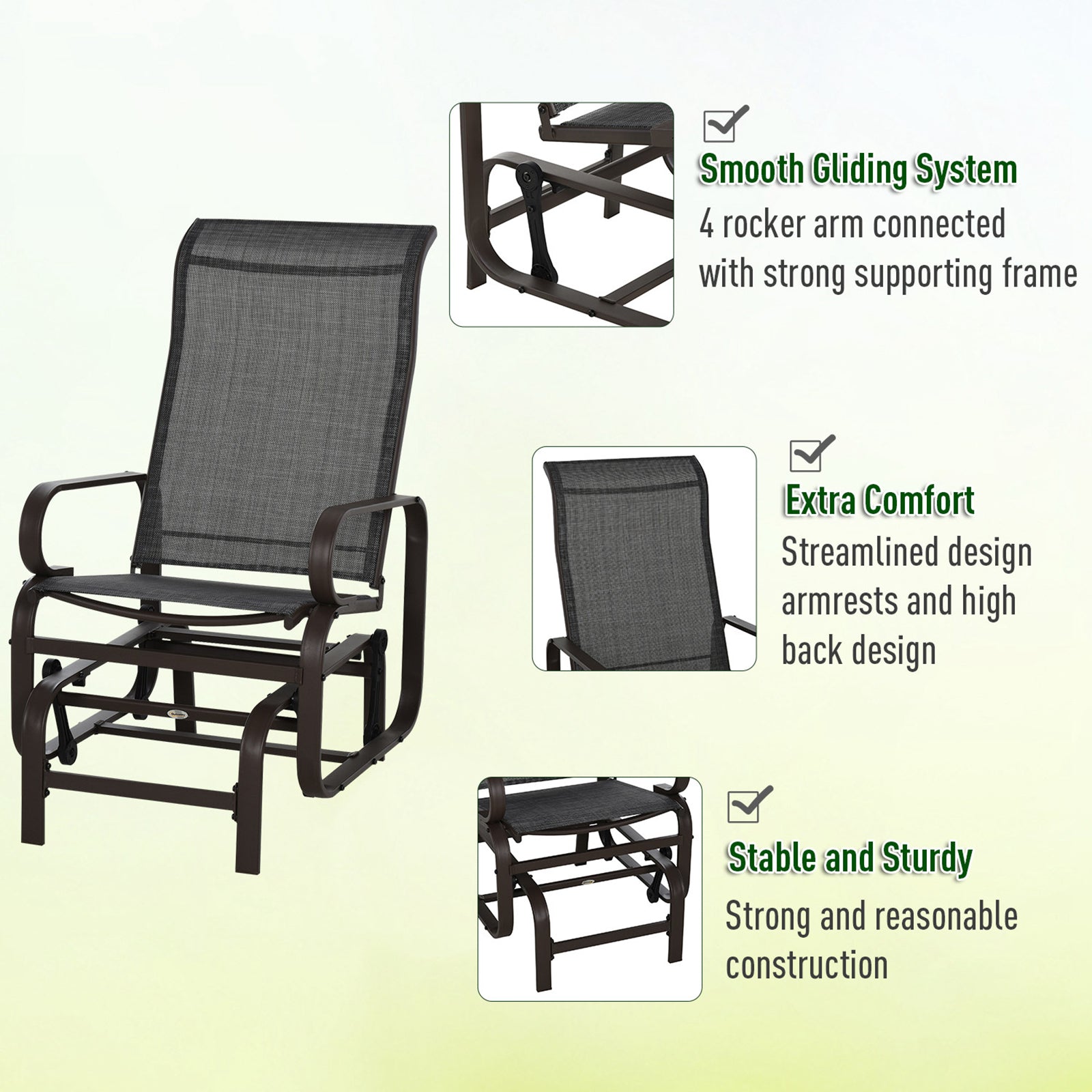 Outsunny 3 Pieces Garden Gliding Chair Set, Metal Frame 2 Single Armchair Swing Seater and 1 Glass Top Coffee Table w/ Breath Mesh Fabric Seat, Brown 