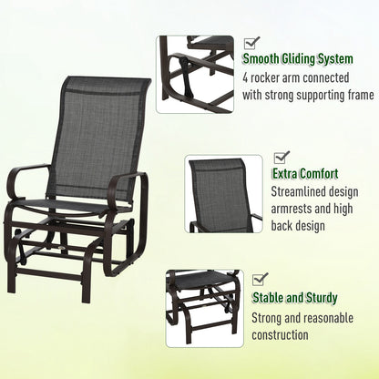 Outsunny 3 Pieces Garden Gliding Chair Set, Metal Frame 2 Single Armchair Swing Seater and 1 Glass Top Coffee Table w/ Breath Mesh Fabric Seat, Brown 