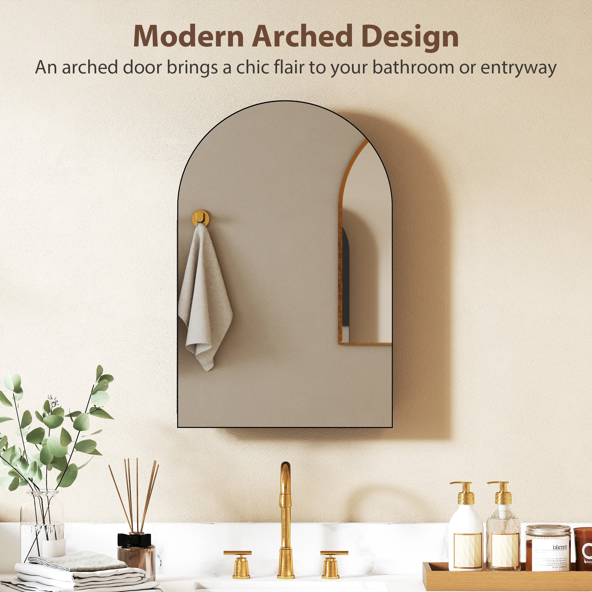 HOMCOM Bathroom Mirror Cabinet with Mirror, Arched Wall Mounted Bathroom Cabinet with Storage Shelves, Black 