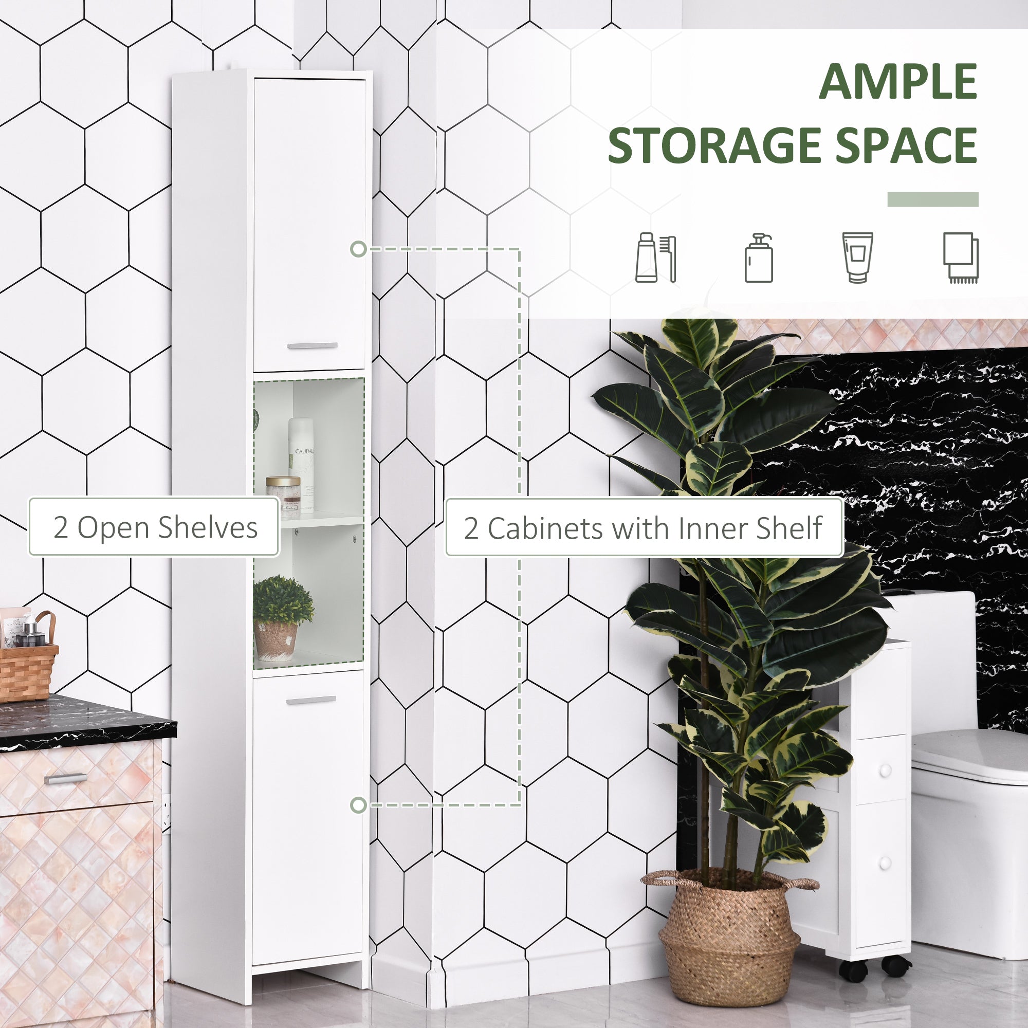 HOMCOM Bathroom Floor Storage Cabinet Slim Tallboy w/ Door Cupboard & Shelves For Living Room, Bedroom, Hallway White 