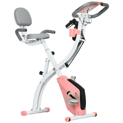 HOMCOM 2-in-1 Folding Exercise Bike with 8-Level Magnetic Resistance, Arm Resistance Band, Pulse Sensor, Pink 