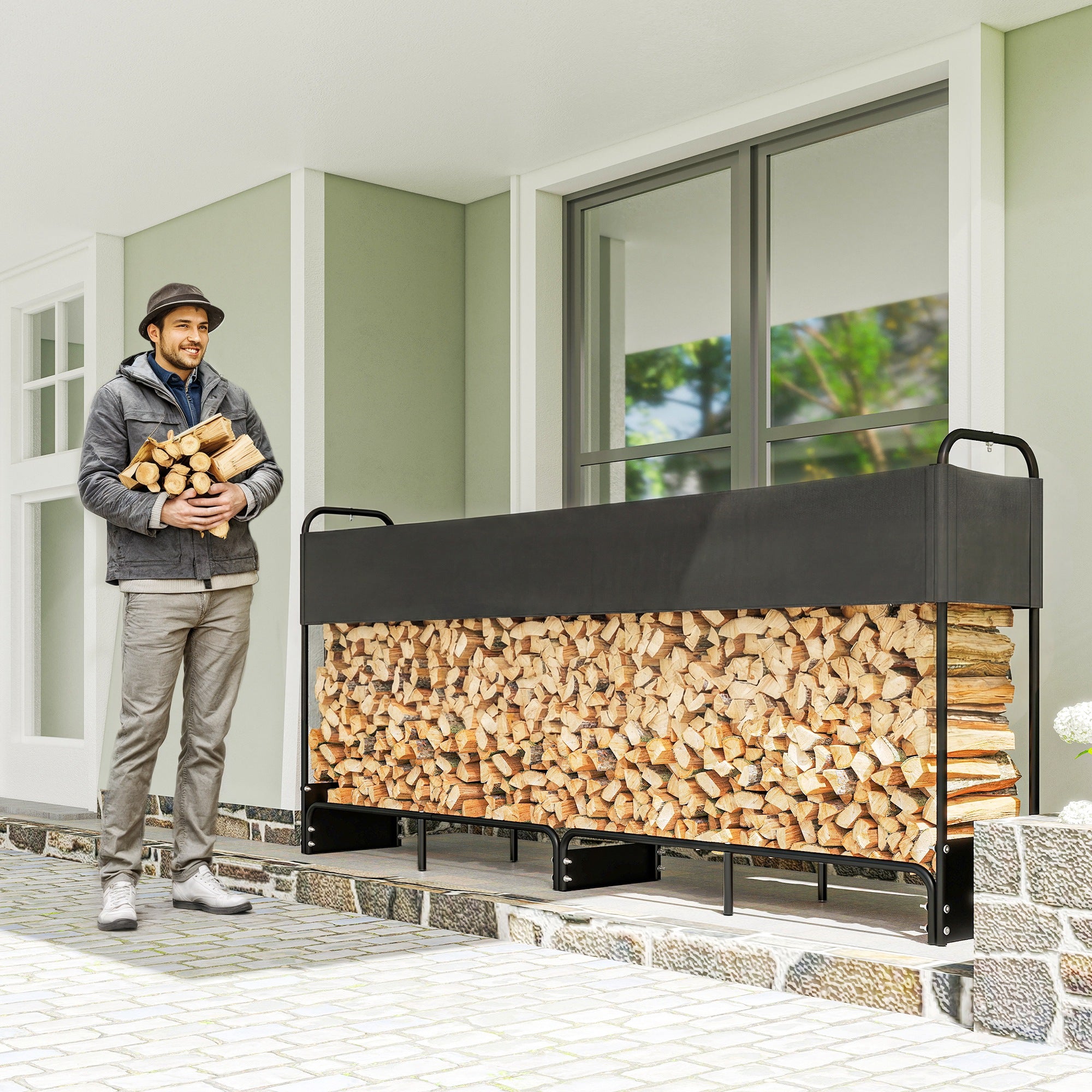 Outsunny 8.5ft Firewood Rack, Heavy Duty Log Storage Holder with Waterproof 600D Oxford Log Cover for Fireplace Fire Pits Outdoor Patio Wood Storage, 500 kg Large Capacity, Black 