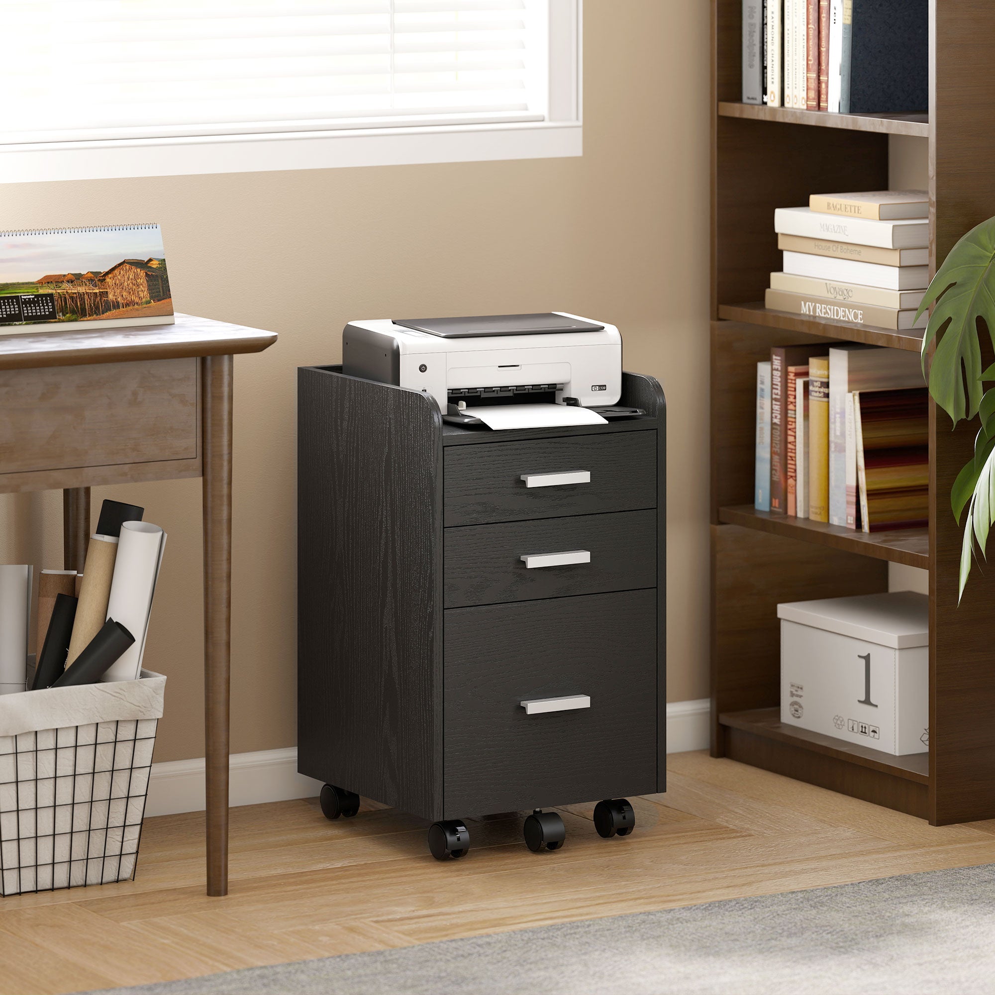 HOMCOM 3 Drawer Filing Cabinet, Rolling File Cabinet with Edged Top for Letter, A4 Size, Hanging File Folders, Black 
