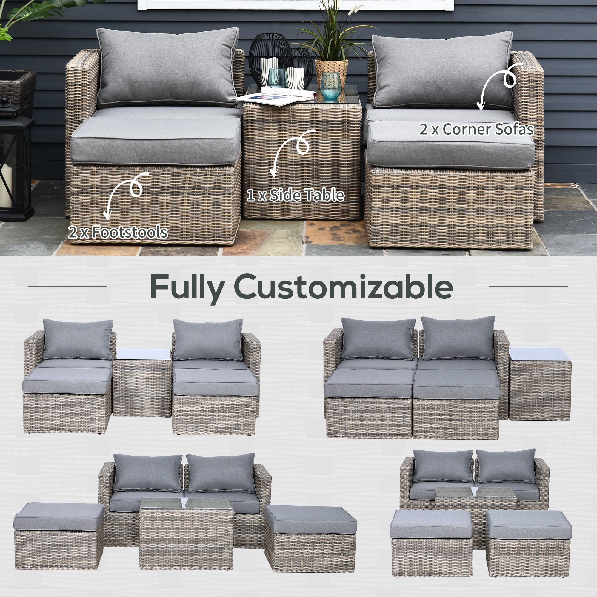 Outsunny 5 Piece Rattan Garden Furniture Set w/ 10cm Thick Cushions, Aluminium Frame Wicker Outdoor Balcony Sofa Set with Corner Armchairs, Ottomans, and Glass Top Table, Mixed Brown 