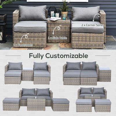 Outsunny 5 Piece Rattan Garden Furniture Set w/ 10cm Thick Cushions, Aluminium Frame Wicker Outdoor Balcony Sofa Set with Corner Armchairs, Ottomans, and Glass Top Table, Mixed Brown 