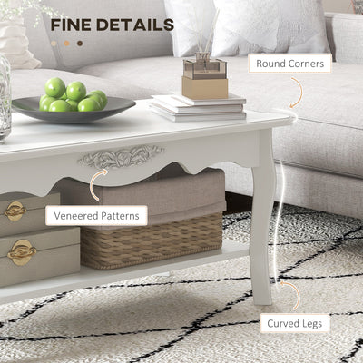 HOMCOM White Coffee Table Wood Cocktail Tea Centre Table with Storage Shelf for Living Room Reception Room, 94L x 44W x 42H cm 