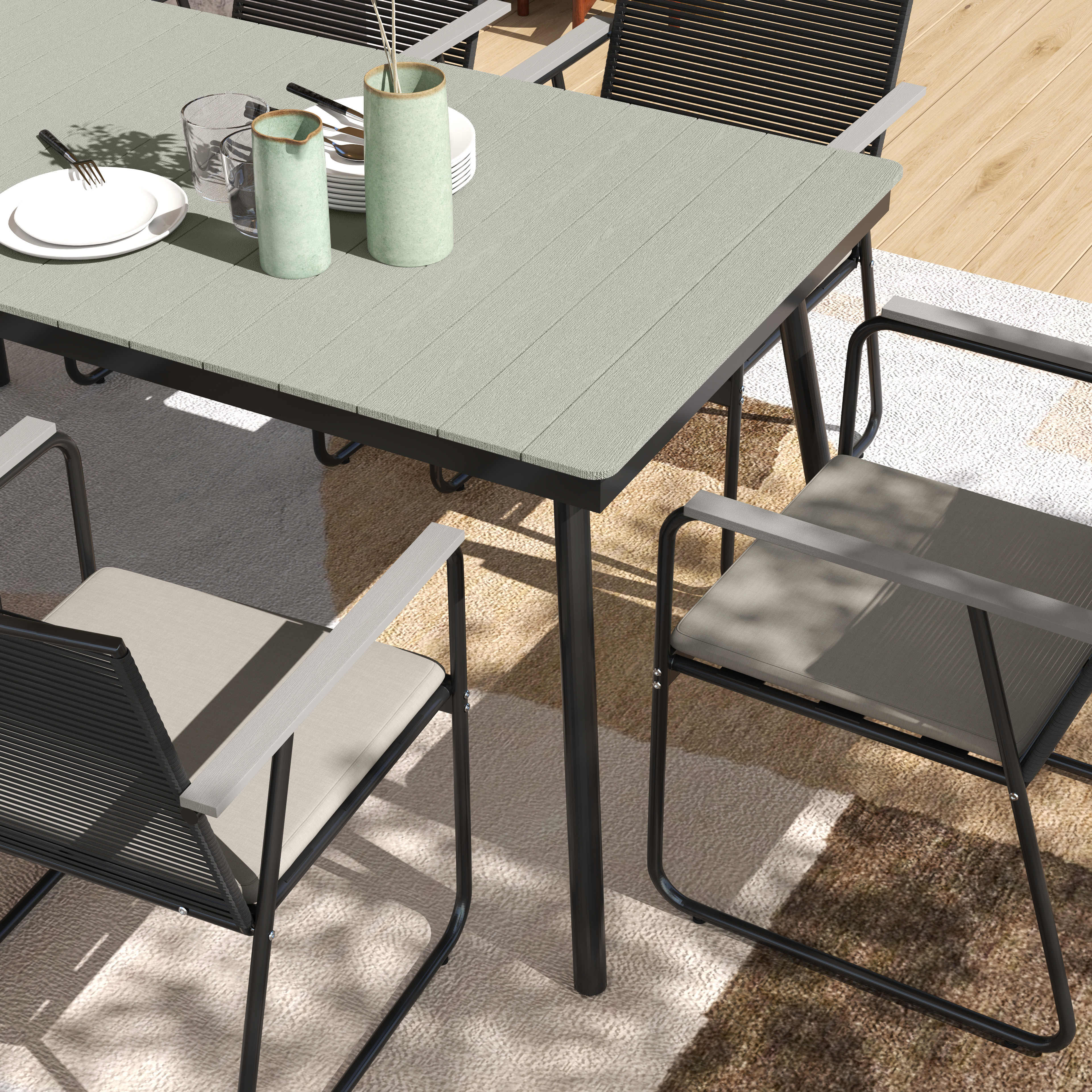 Outsunny 6 Seater Garden Dining Set with Soft Cushions, Rattan Backrest, Rectangular Plastic Top, Garden Furniture Set, Outdoor Dining Table and Chairs for Patio, Balcony, Poolside, Grey 