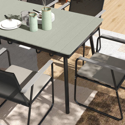 Outsunny 6 Seater Garden Dining Set with Soft Cushions, Rattan Backrest, Rectangular Plastic Top, Garden Furniture Set, Outdoor Dining Table and Chairs for Patio, Balcony, Poolside, Grey 