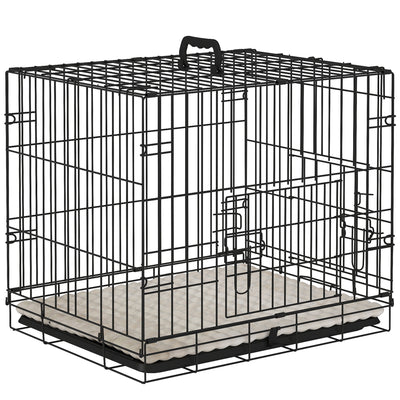 PawHut Foldable Dog Crate with Two Doors with Tray, Soft Cushion, for Extra Small Dogs, 60 x 40 x 50, Black 