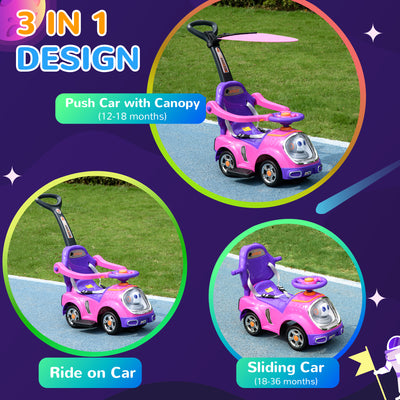 AIYAPLAY 3 in 1 Ride on Push Car, Cartoon Robot Theme Foot to Floor Slider w/ Handle Light Music Horn, Storage - Pink 