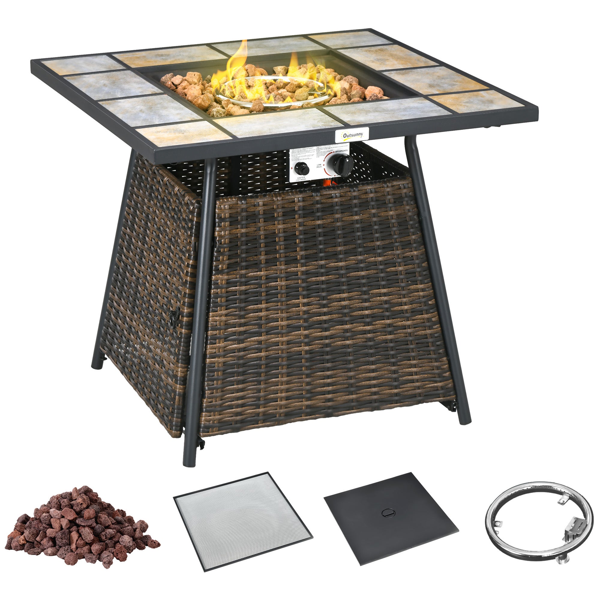 Outsunny Square Outdoor PE Rattan Fire Pit TableGas Burner Heater w/ Control Panel, Slate Top, Lid and Lava Rocks, 50,000 BTU 