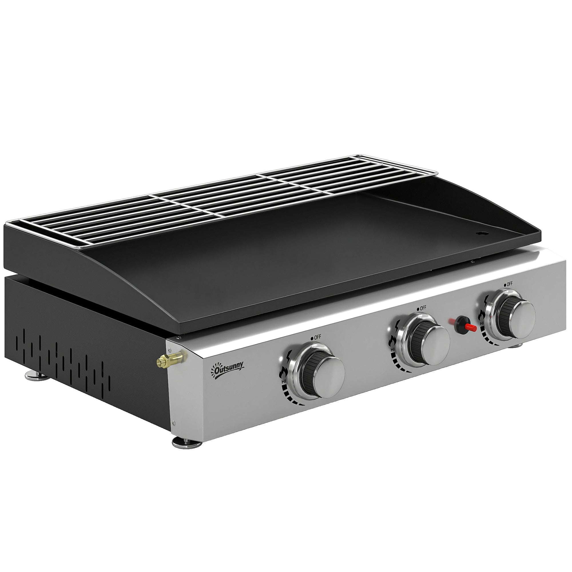 Outsunny 3 Burner Grill Griddle, Portable Gas Plancha with Warming Rack, 7.5 kW, Tabletop Gas BBQ with Grease Cup, Black 