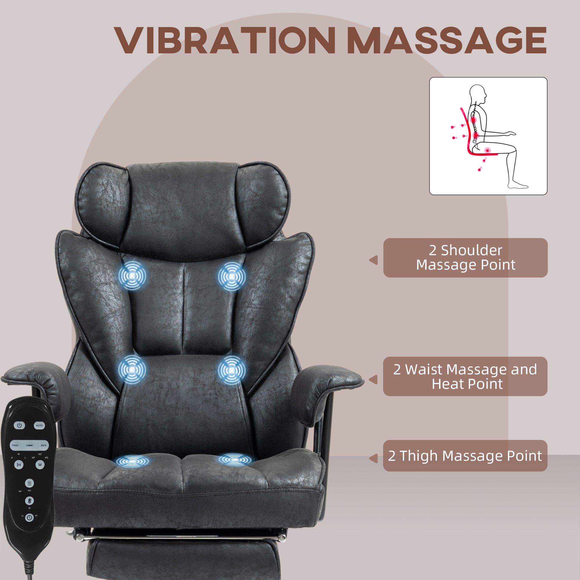HOMCOM Office Chair with 6 Point Massage and Heat, Ergonomic Desk Chair with Foot Rest, Lumbar Support, Reclining Function and Wide Seat, Height-Adjustable High Back Swivel Rolling for Home, Black