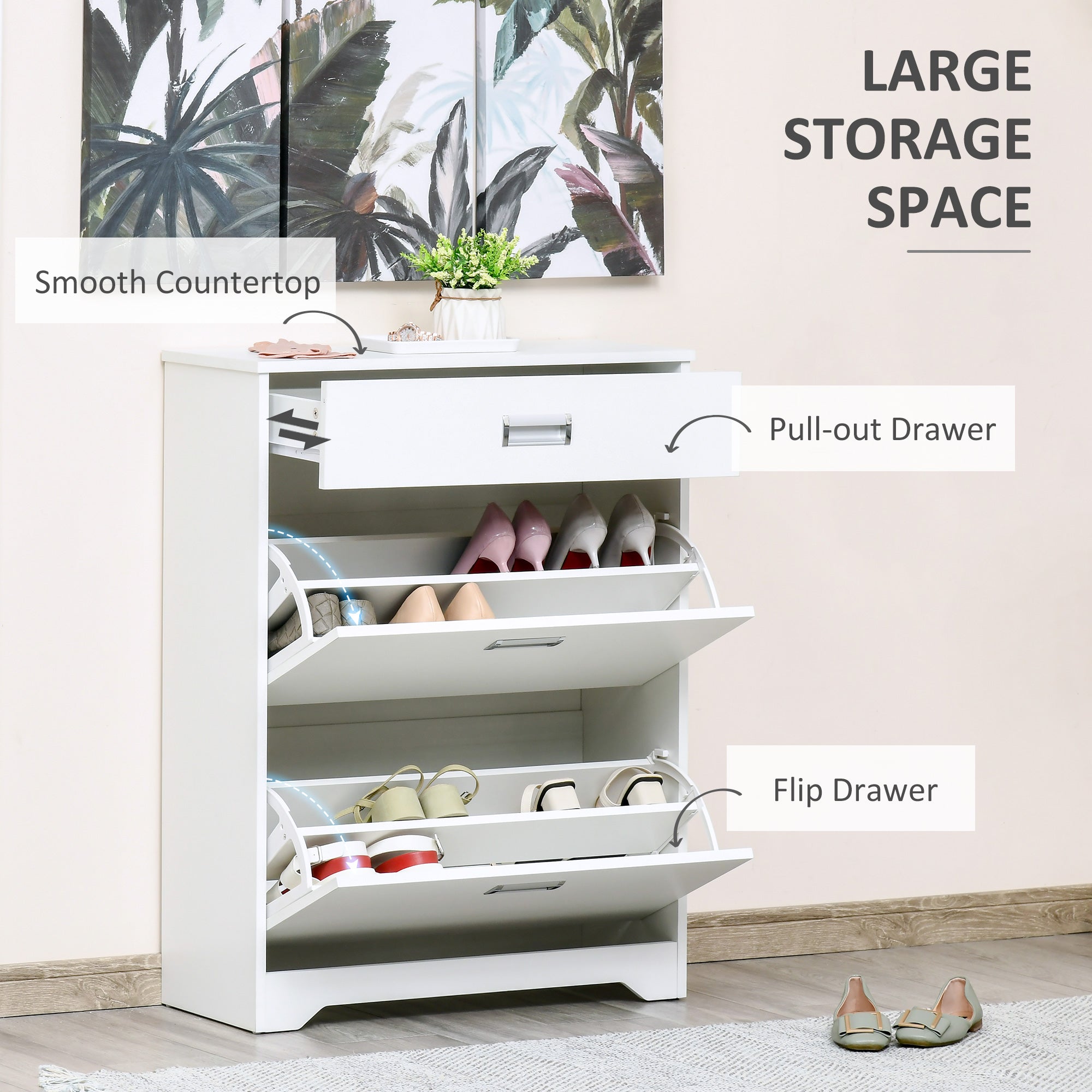 HOMCOM Shoe Cabinet, Slim Shoe Storage Cabinet with Drawer, 2 Flip-up Doors and Adjustable Shelf, Narrow Shoe Cupboard for 16 Pairs of Shoes for Entryway, Hallway, White 