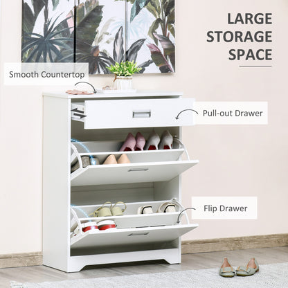HOMCOM Shoe Cabinet, Slim Shoe Storage Cabinet with Drawer, 2 Flip-up Doors and Adjustable Shelf, Narrow Shoe Cupboard for 16 Pairs of Shoes for Entryway, Hallway, White 