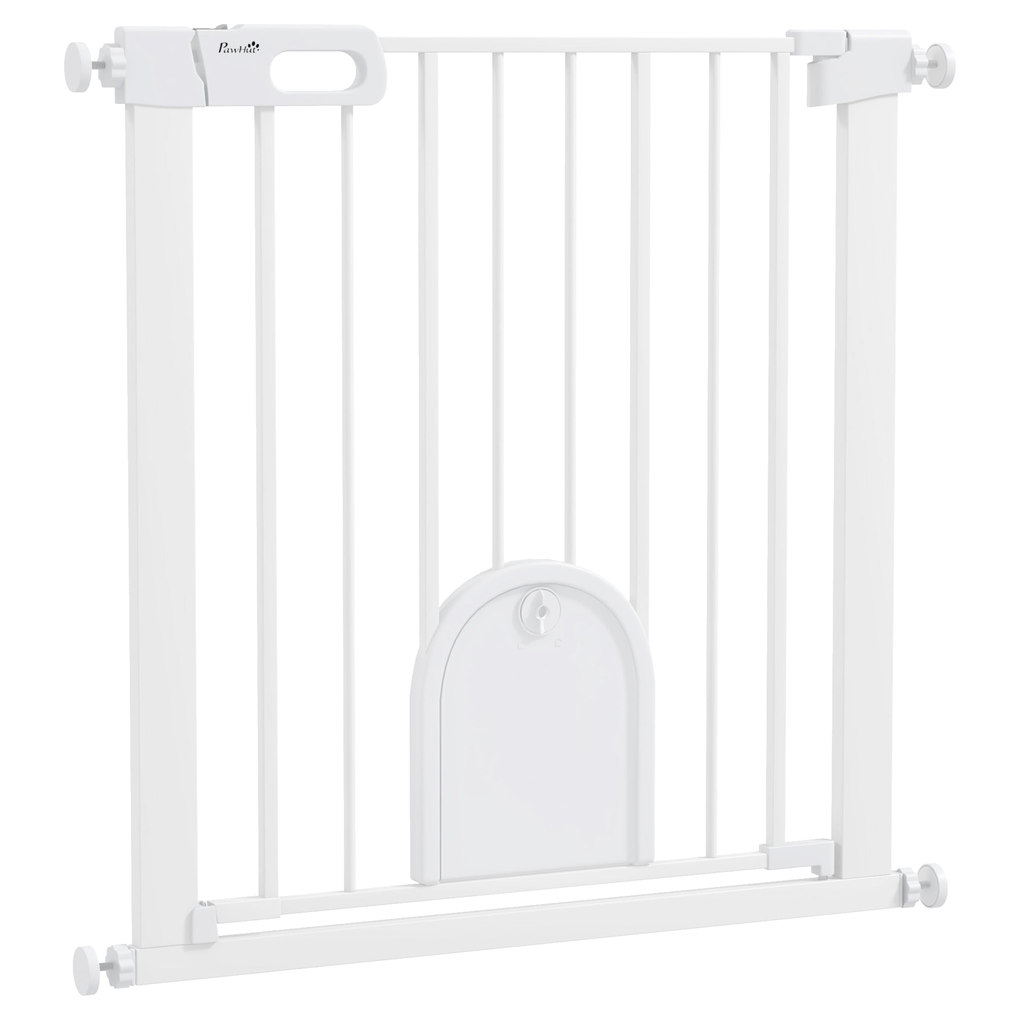 PawHut 75-82cm Pet Safet Gaye, Pressure Fit Stair, with Cat Flap, Double Locking, White