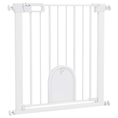 PawHut 75-82cm Pet Safet Gaye, Pressure Fit Stair, with Cat Flap, Double Locking, White 