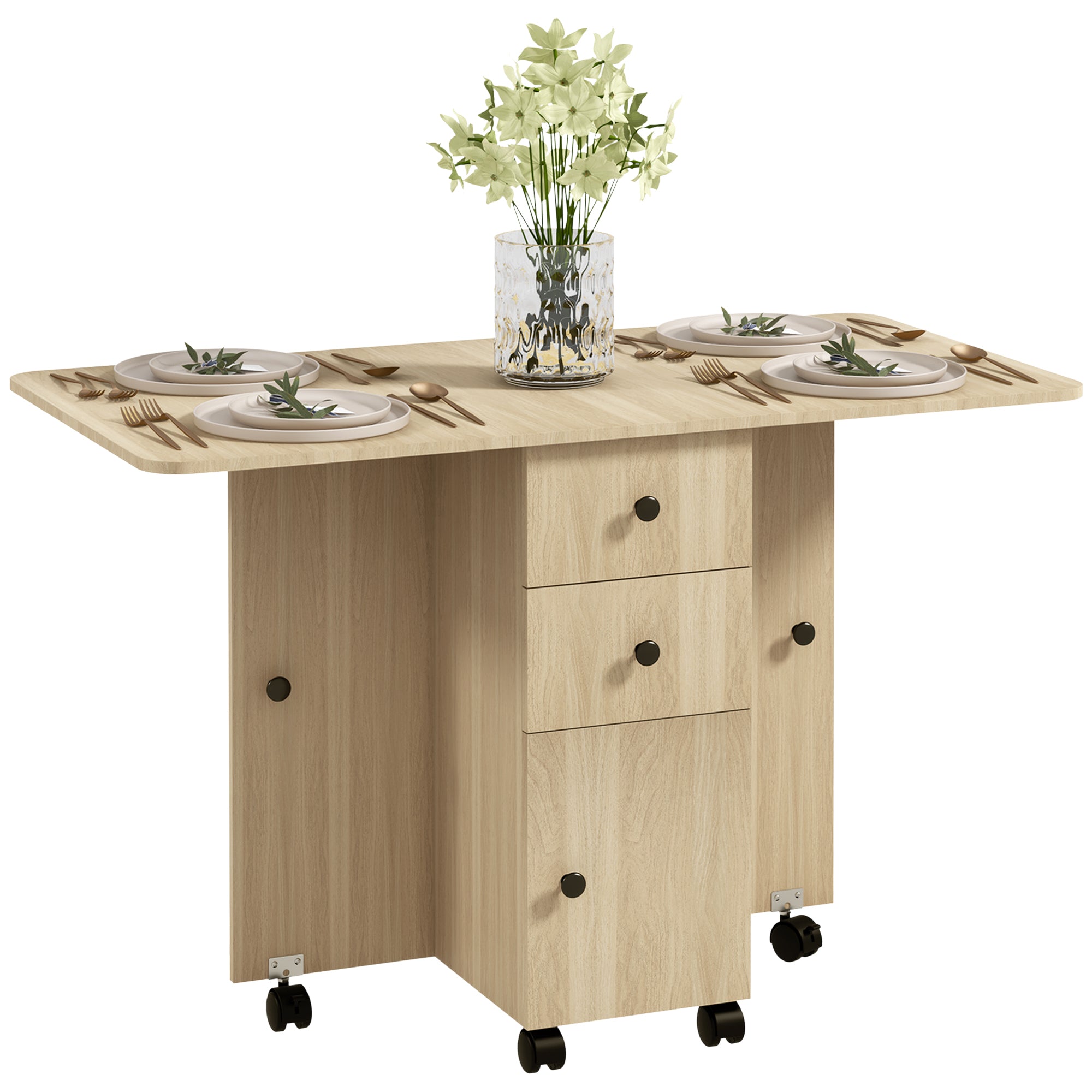HOMCOM Six-Person Drop Leaf Dining Table, with Storage - Wood-Effect 