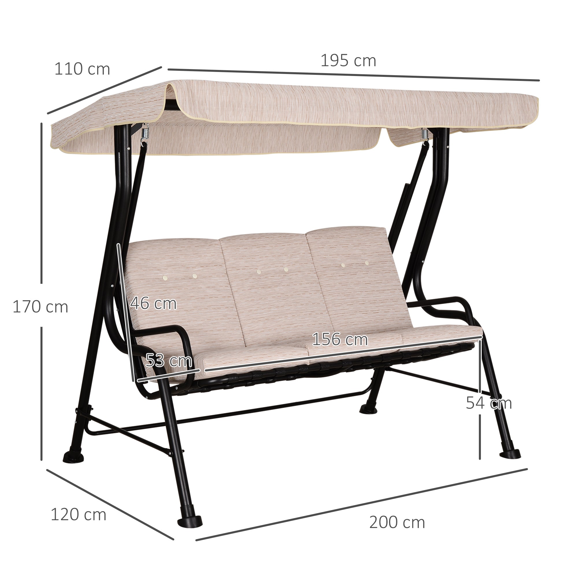 Outsunny Steel Frame 3-Seater Outdoor Garden Swing Chair w/ Canopy Beige 