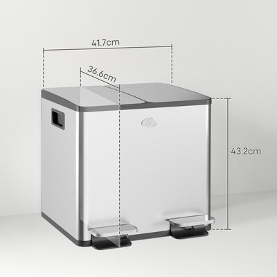 HOMCOM 30L Dual Compartment Stainless Steel Bin, with Deodoriser Holders - Silver Tone 