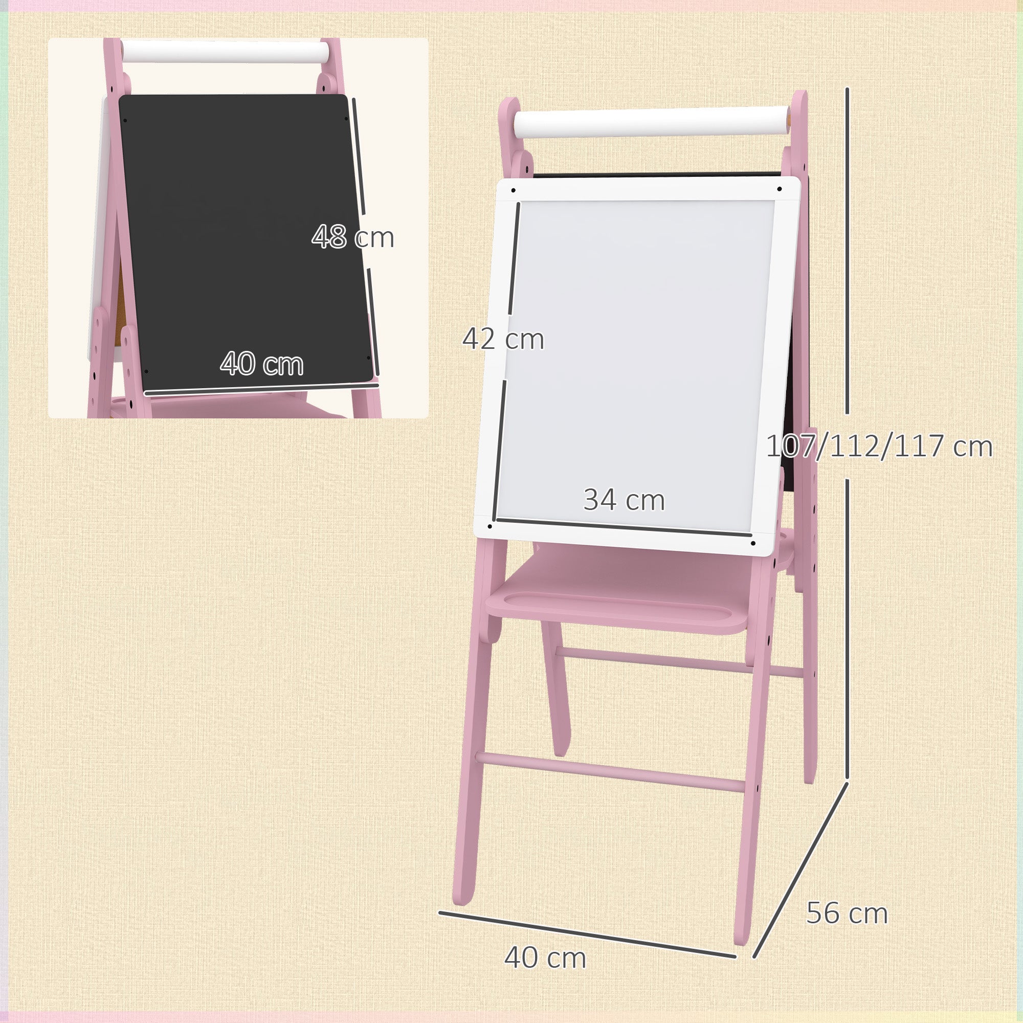 AIYAPLAY Three-In-One Easel for Kids, with Paper Roll, Adjustable Height - Pink 