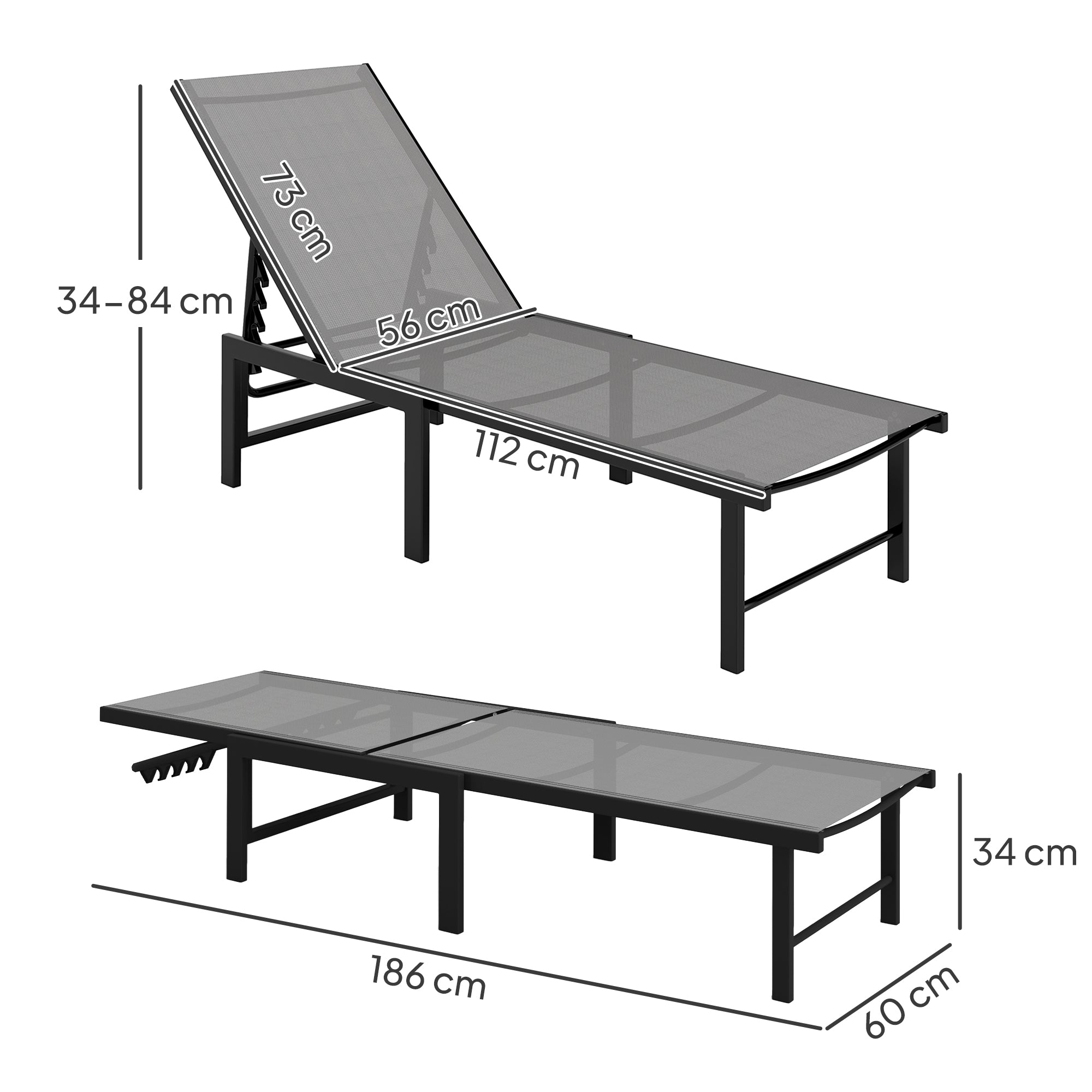 Outsunny Sun Lounger for Garden, 5-Level Adjustable Reclining Sun Lounger Chair, Flat Garden Lounger Sunbed with Texteline Seat, Steel Frame for Patio, Beach, Grey 