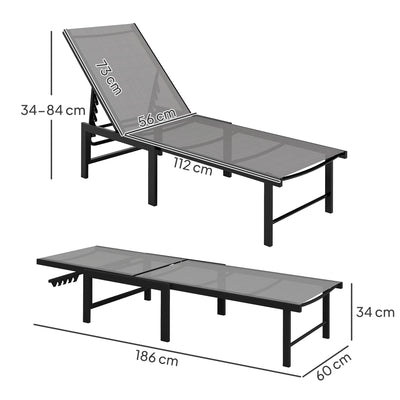 Outsunny Sun Lounger for Garden, 5-Level Adjustable Reclining Sun Lounger Chair, Flat Garden Lounger Sunbed with Texteline Seat, Steel Frame for Patio, Beach, Grey 