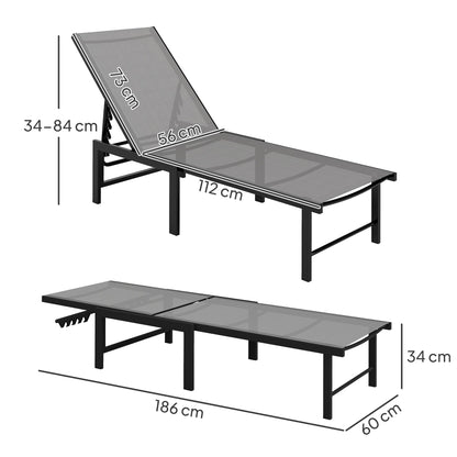 Outsunny Sun Lounger for Garden, 5-Level Adjustable Reclining Sun Lounger Chair, Flat Garden Lounger Sunbed with Texteline Seat, Steel Frame for Patio, Beach, Grey 