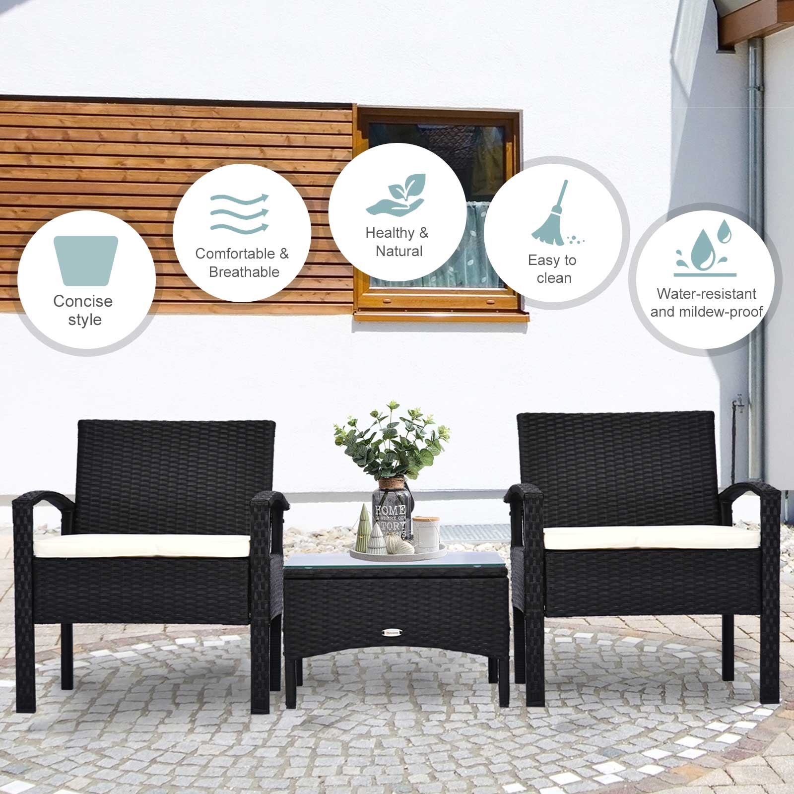 Outsunny 2 Seater Rattan Bistro Set, Steel-Black 