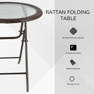 Outsunny Folding Rattan Garden Dining Table, 68 cm Round Rattan Garden Table with Water Ripple Tempered Glass Top, Wicker Edging  and Steel Frame for Outdoor, Patio, Brown 