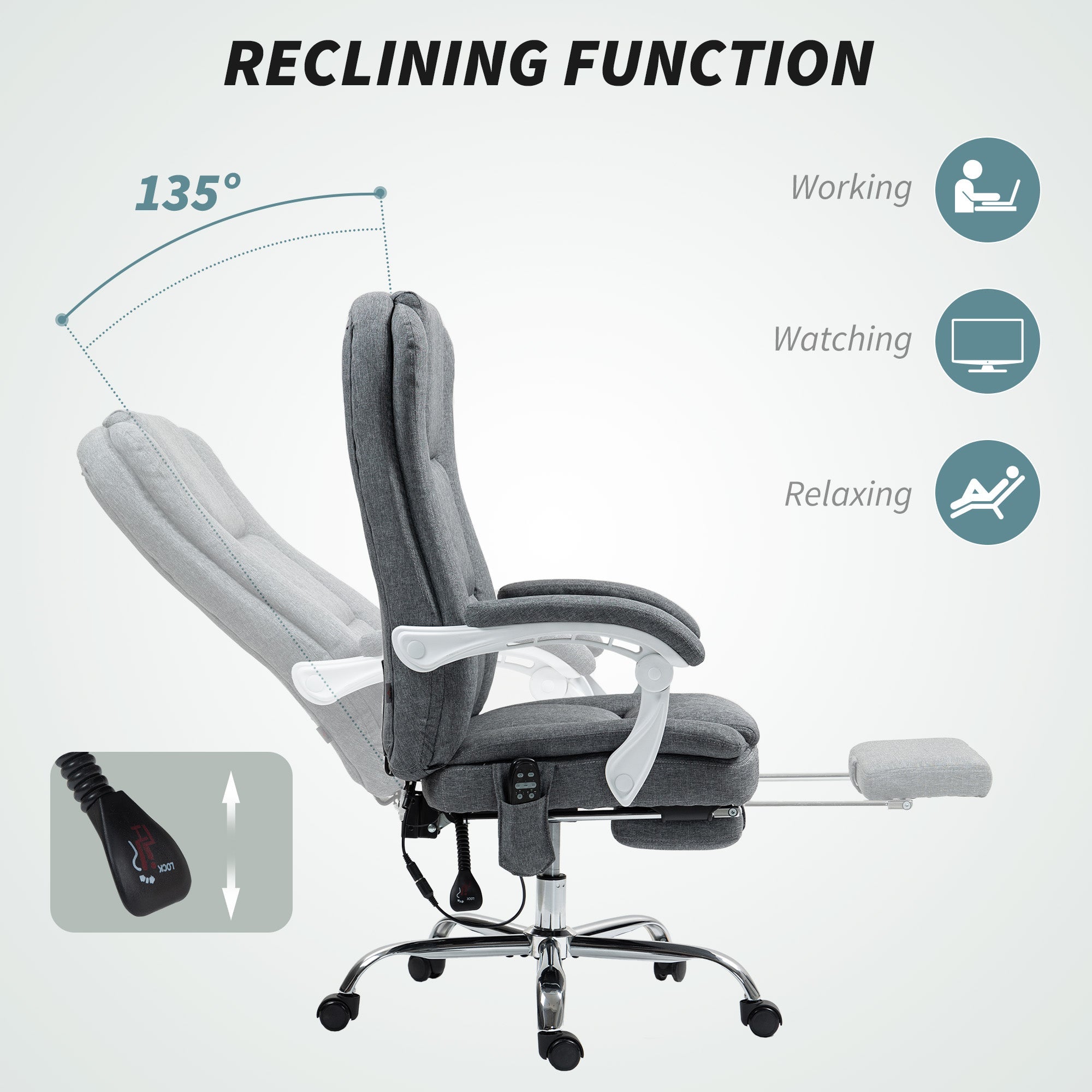 HOMCOM Executive Office Chair with 8-point Massage and Heat, Fabric Computer Desk Chair with Reclining Backrest, High Back, Height Adjustable, Swivel Wheels, Footrest, Remote, for Home, Grey 