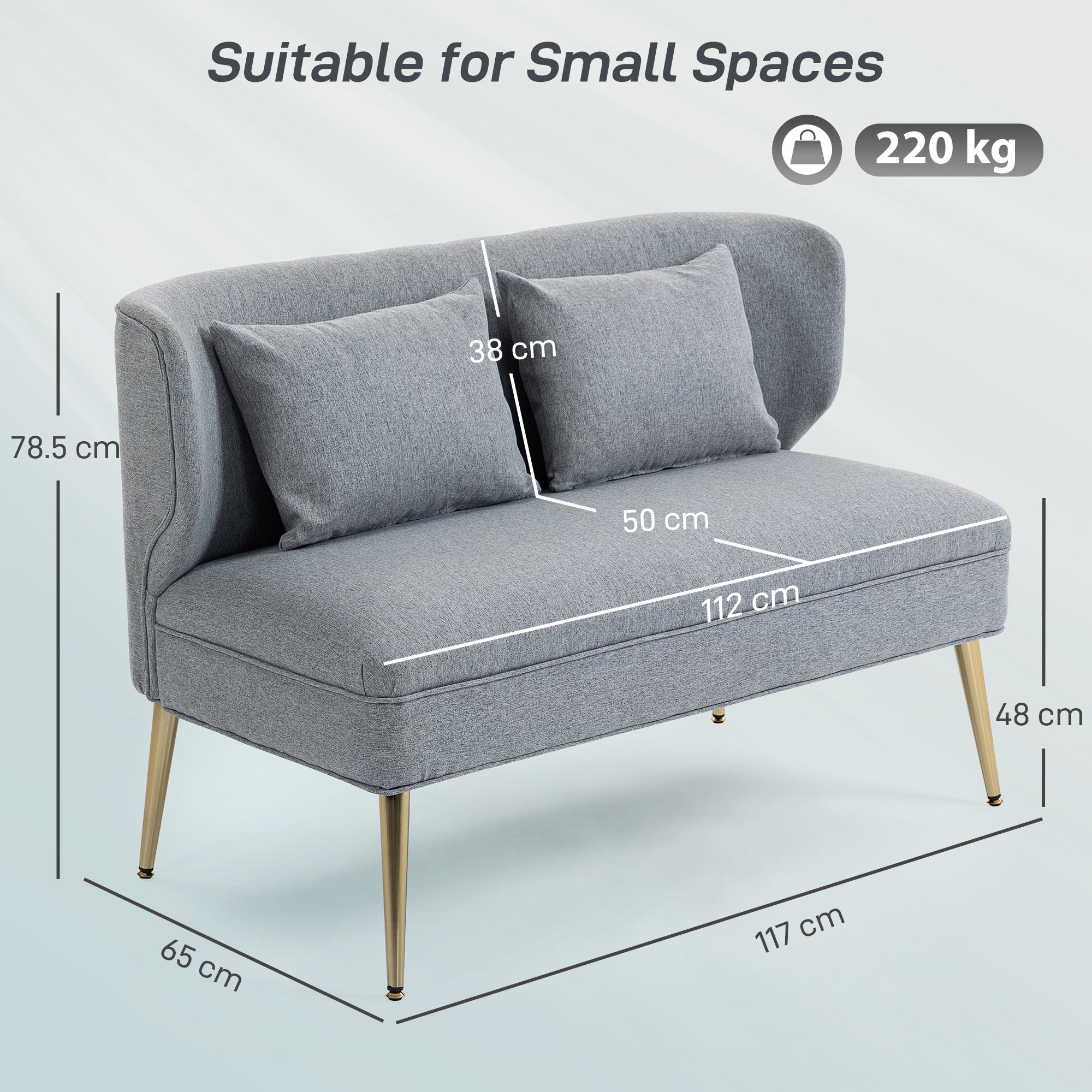 HOMCOM 2 Seater Sofa, Linen-look Fabric Small Sofa with Wing Back, Thick Seat, Metal Legs, Light Grey 