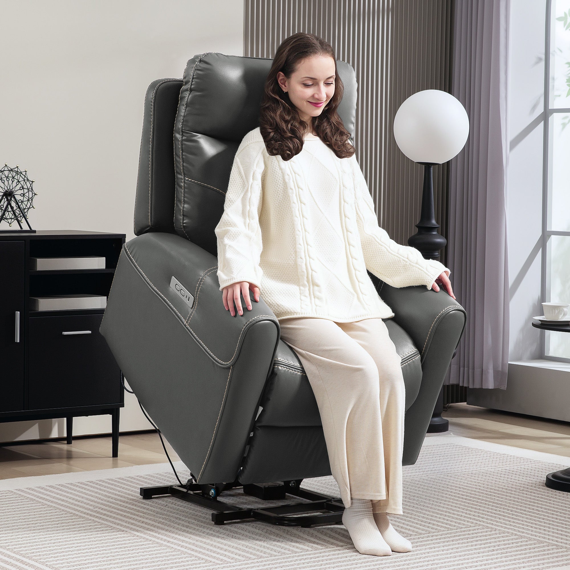 HOMCOM Power Lift Recliner Chair for Elderly, Overstuffed Faux Leather Riser and Reclining Chair with USB A+C Ports, Remote Control, Recliner Armchair for Living Room, Charcoal Grey 