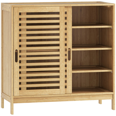 HOMCOM Bamboo Shoe Cabinet with 2 Sliding Slat Doors, 16Pairs, Adjustable Shelves, Natural