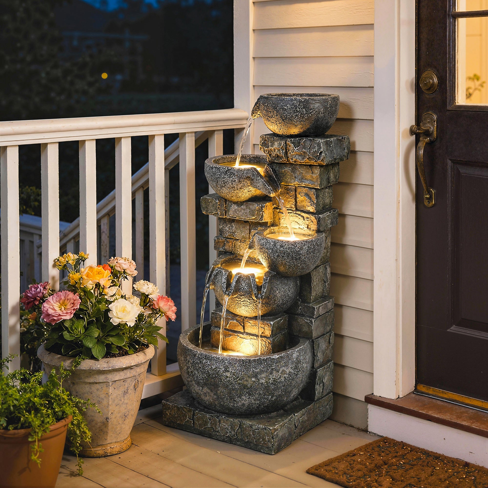 Outsunny Outdoor Water Fountain with LED Lights, 80cm Tall 5 Tiers Cascading Water Feature for Garden Patio Home Decor, Mixed 