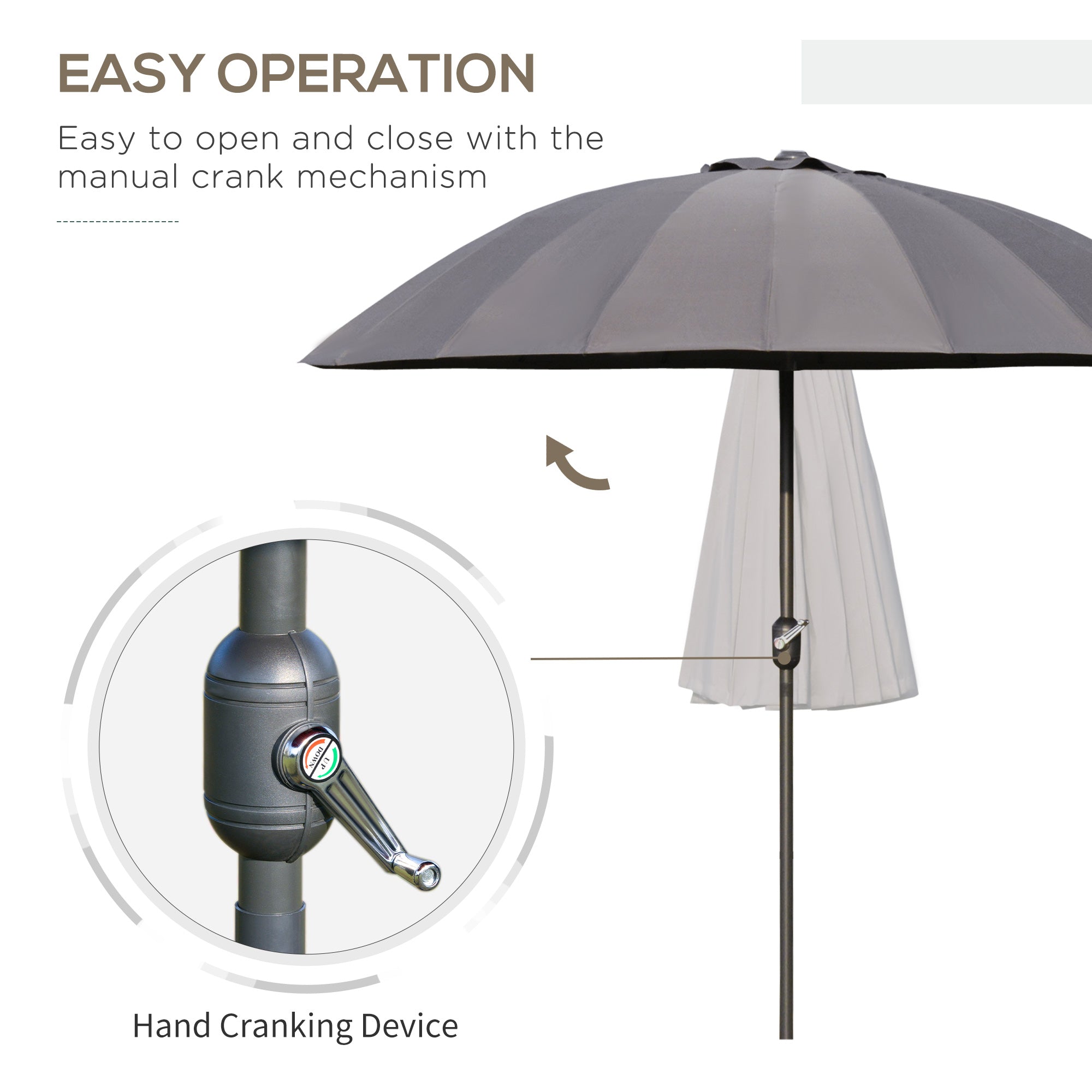 Outsunny 2.5m Shanghai Garden Parasol Umbrella with Crank & Tilt, Adjustable Outdoor Sun Shade, Grey 