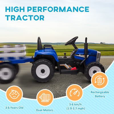 HOMCOM Ride On Tractor, Battery Powered Electric Car, with Detachable Trailer, Remote Control, Music - Blue 