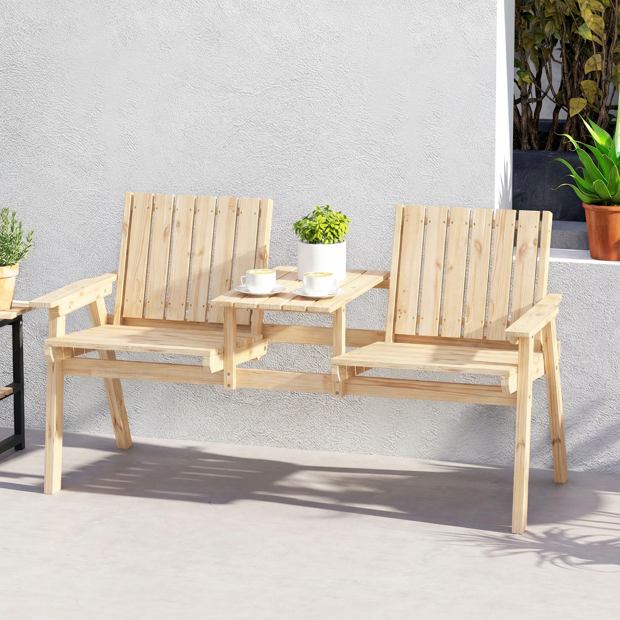 Outsunny 2-Seater Garden Loveseat with Table and Parasol Hole for Porch, Patio, Natural Wood Finish 