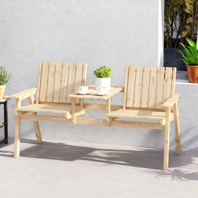 Outsunny 2-Seater Garden Loveseat with Table and Parasol Hole for Porch, Patio, Natural Wood Finish 
