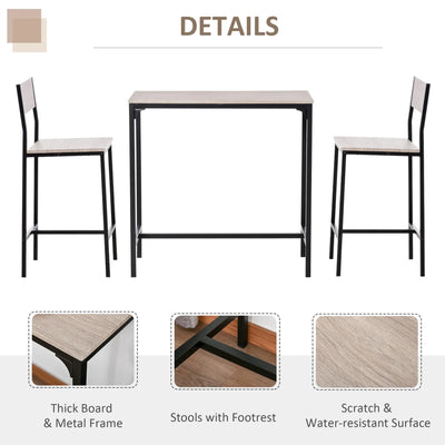 HOMCOM 3 Pcs Table Stool Set Industrial Design w/ Metal Frame Oak Tone MDF Panels Minimal Compact Beautiful 